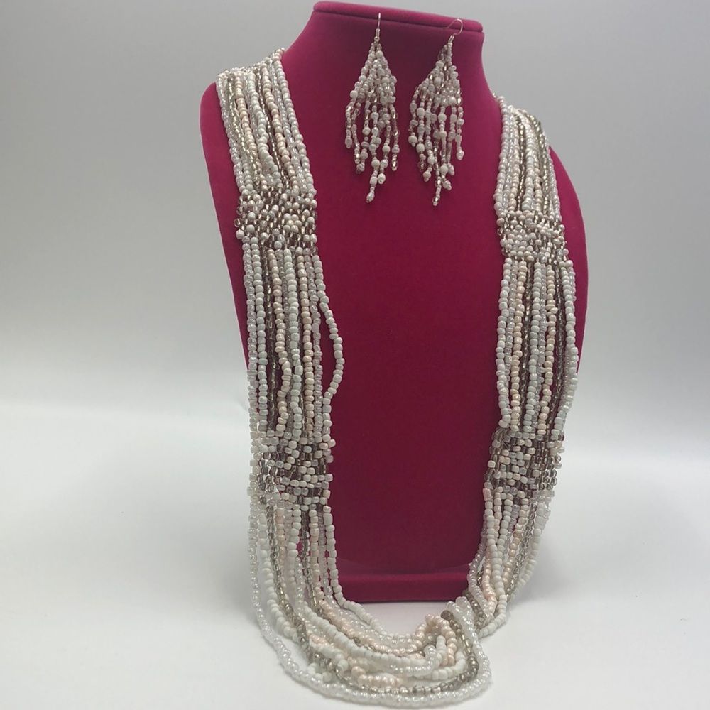 White/Blush/Silver 10-stranded glass beaded necklace and earring set. 21” long